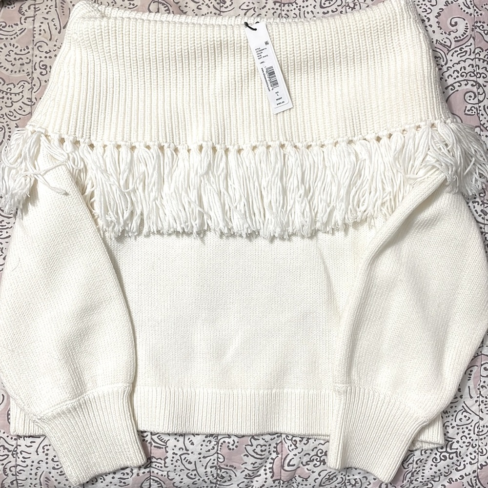 Bardot Off Shoulder Fringe Sweater